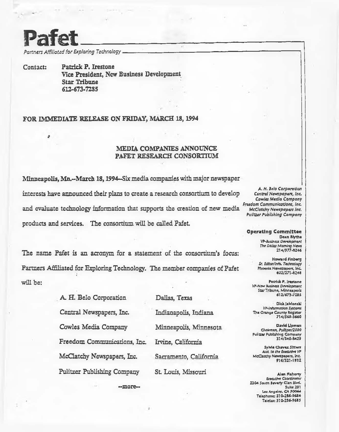 PAFET News Release 1994