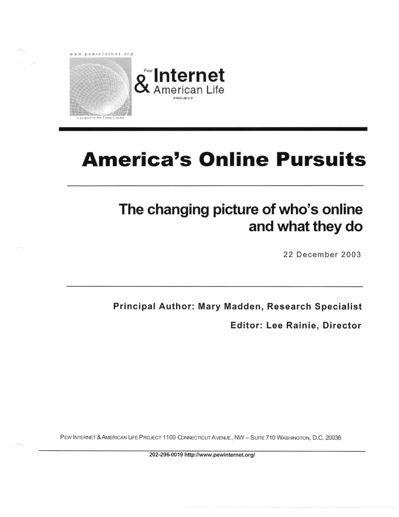 Cover of the Pew Internet & American Life Project report America's Online Pursuits, dated December 22, 2003