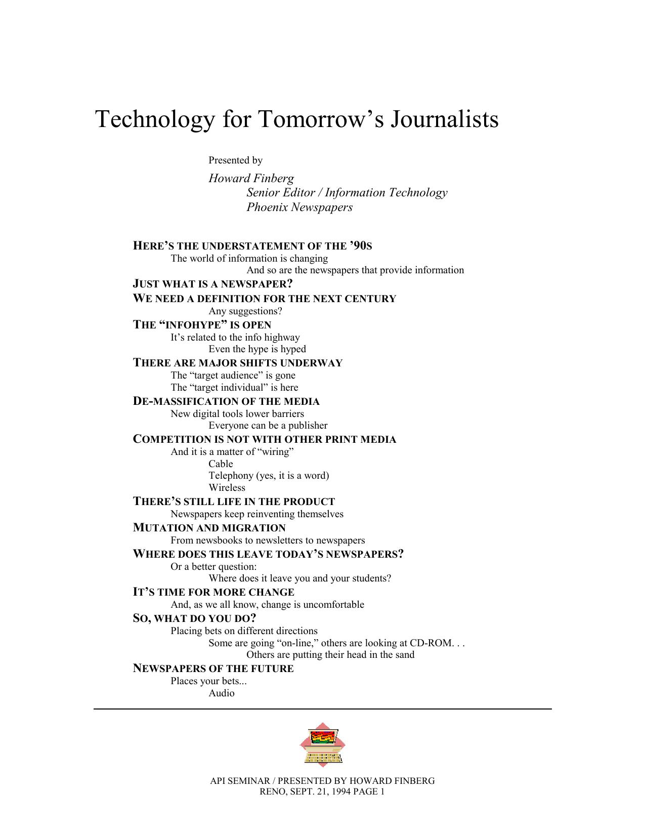 Opening slide from a 1994 American Press Institute seminar presentation for journalism educators in Reno