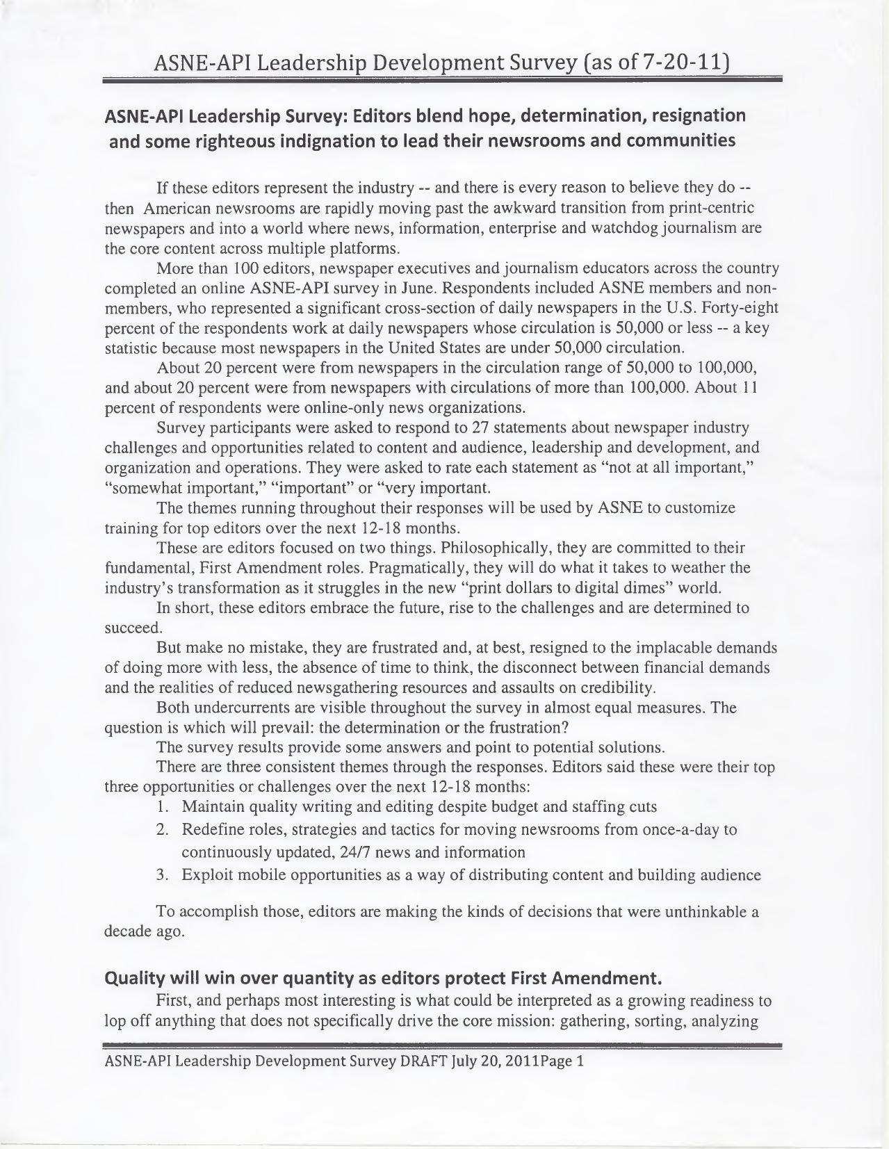 Draft report pages from the July 2011 ASNE and American Press Institute survey of newspaper editors