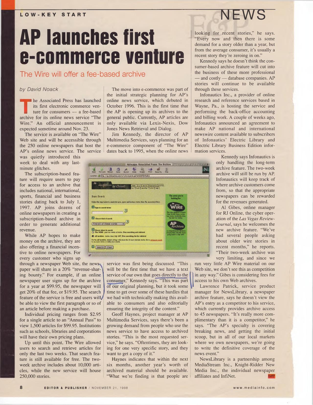 Clipping of David Noack's November 1998 Editor & Publisher article on the AP's fee-based news archive for The Wire