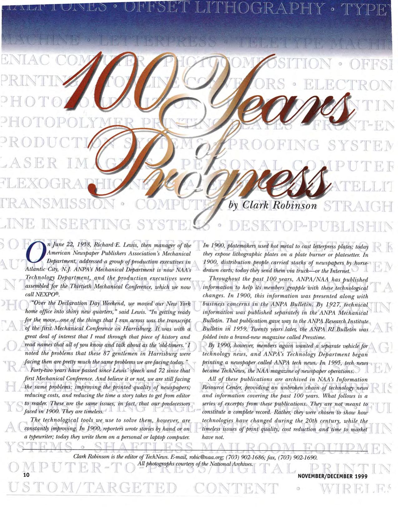 Clipping from the November/December 1999 issue of TechNews, the NAA magazine of newspaper operations, featuring a 100-year retrospective of newspaper technology coverage