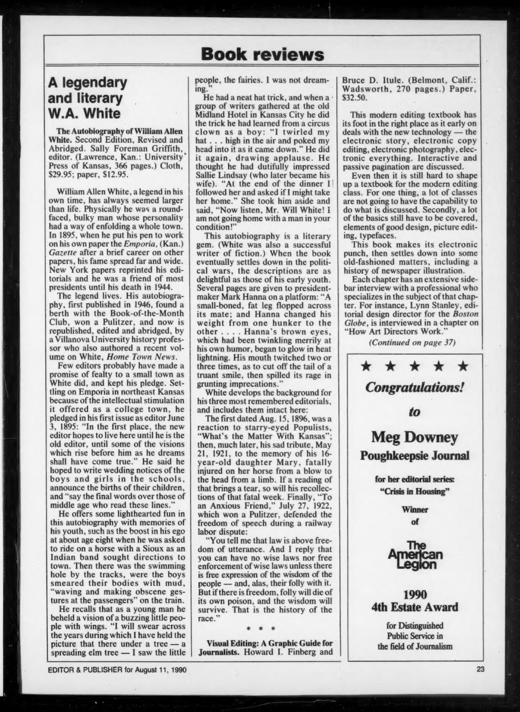 Editor & Publisher book review column from August 11, 1990 featuring a notice of Visual Editing: A Graphic Guide for Journalists