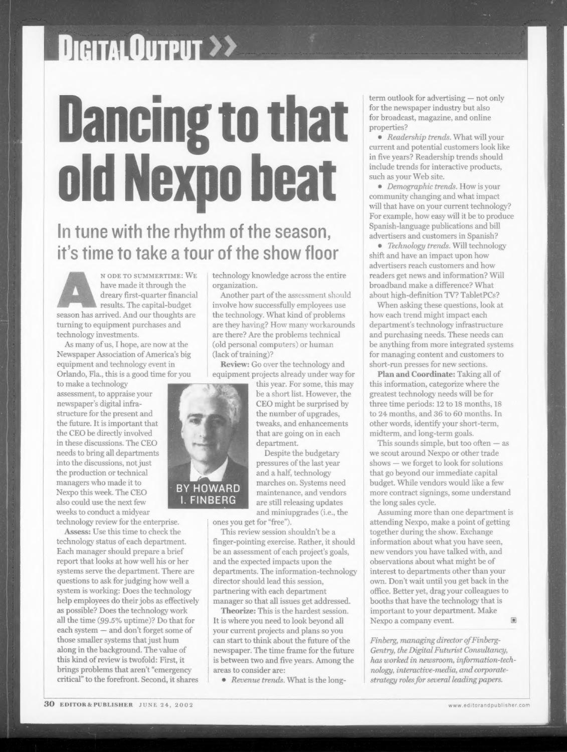 Editor & Publisher column from Nexpo 2002 advising newspaper CEOs to take stock of their digital infrastructure