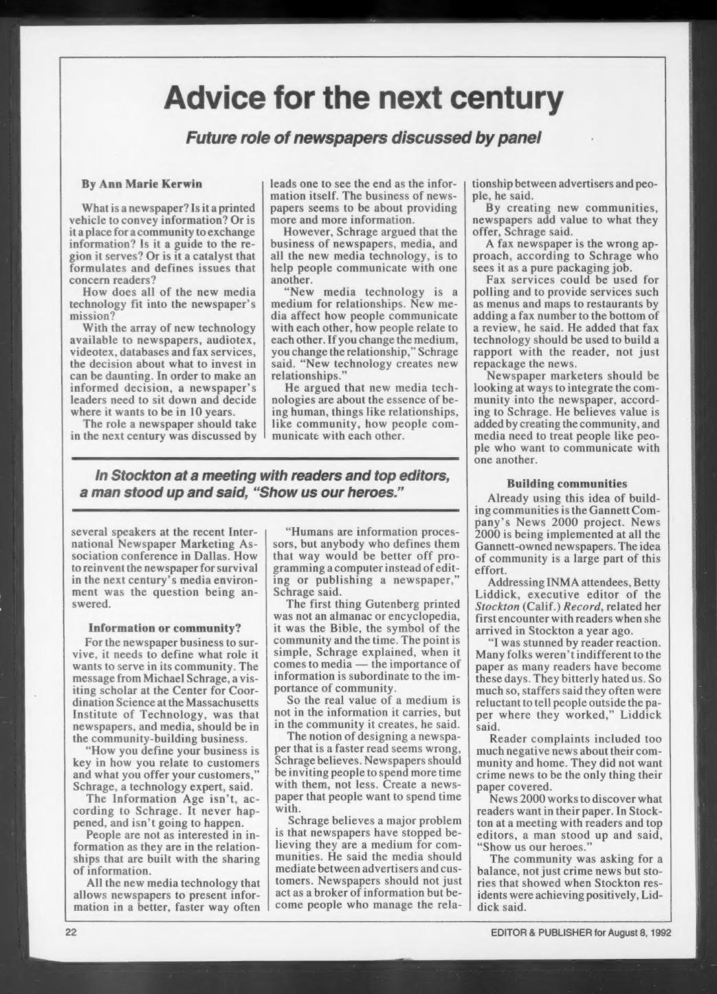 Editor & Publisher clipping from August 1992 covering an INMA conference panel on how to reinvent the newspaper for the next century