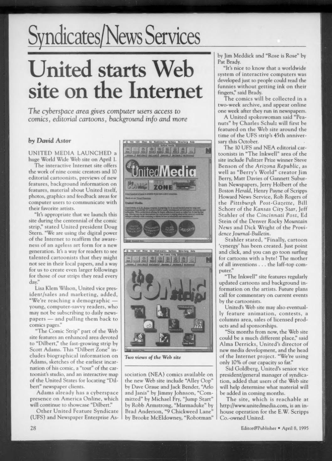 Editor & Publisher syndicates and news services page from April 8, 1995, reporting United Media's World Wide Web site launch