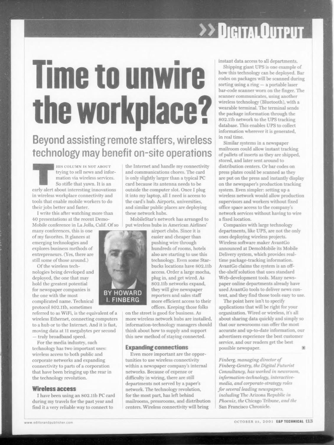 Editor & Publisher technical column from October 22, 2001 about 802.11b WiFi and wireless workplace connectivity