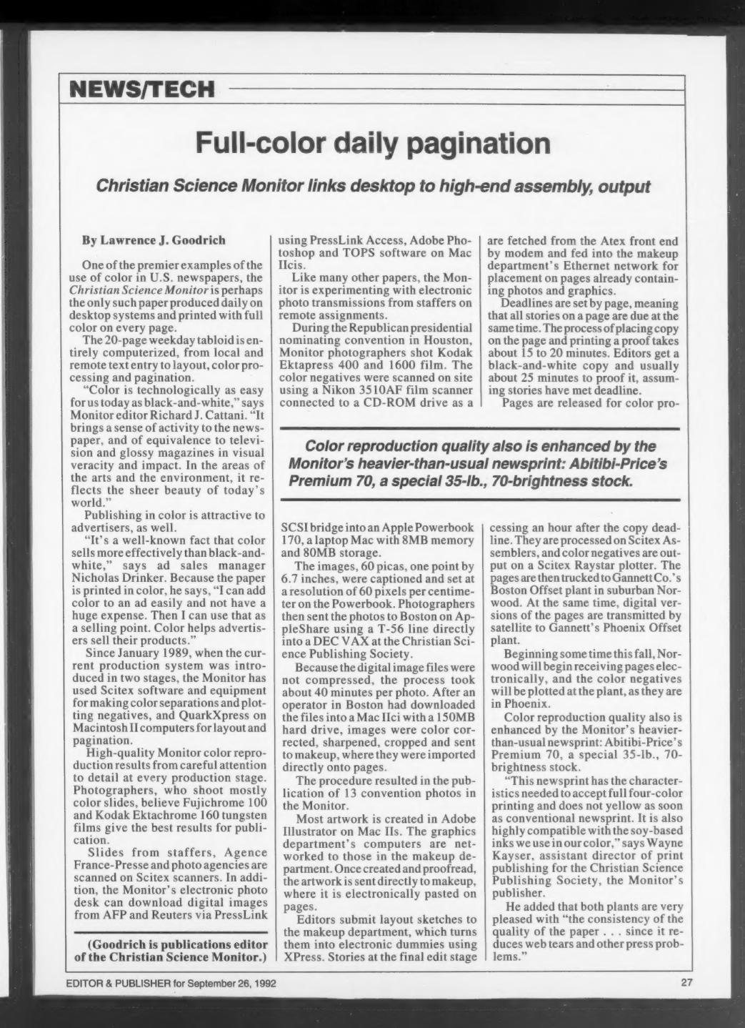 Editor & Publisher News/Tech article from September 26, 1992 on full-color desktop pagination at the Christian Science Monitor