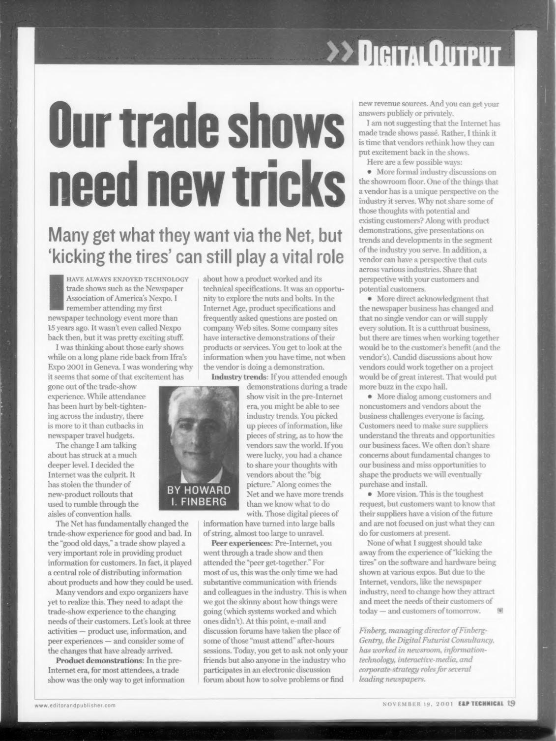 Editor & Publisher column page on newspaper technology trade shows, November 2001