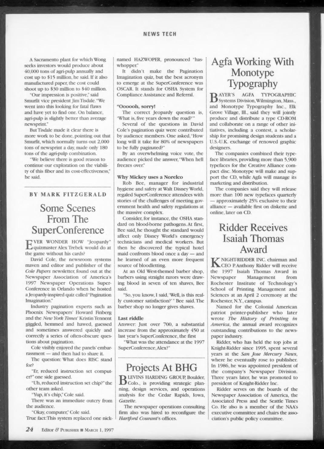 Editor & Publisher News Tech column page from March 1, 1997, reporting on the pagination quiz at the 1997 SuperConference in Orlando