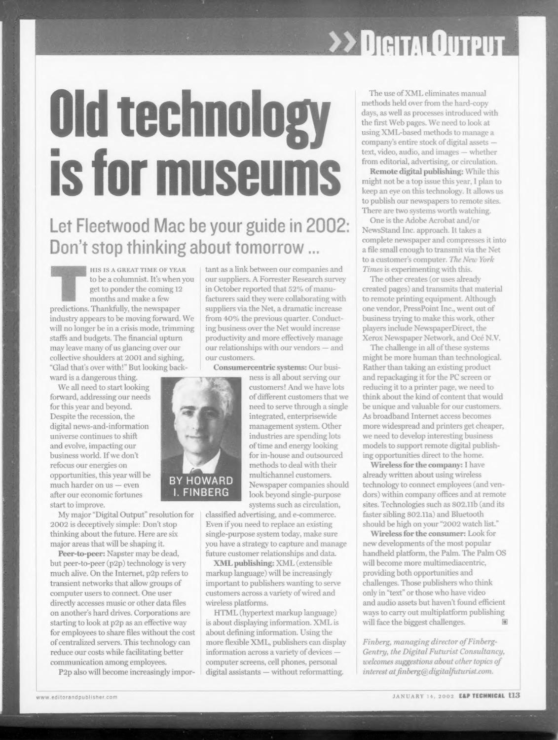 Digital Output column in the Editor & Publisher Technical section, January 14, 2002, on technologies to watch