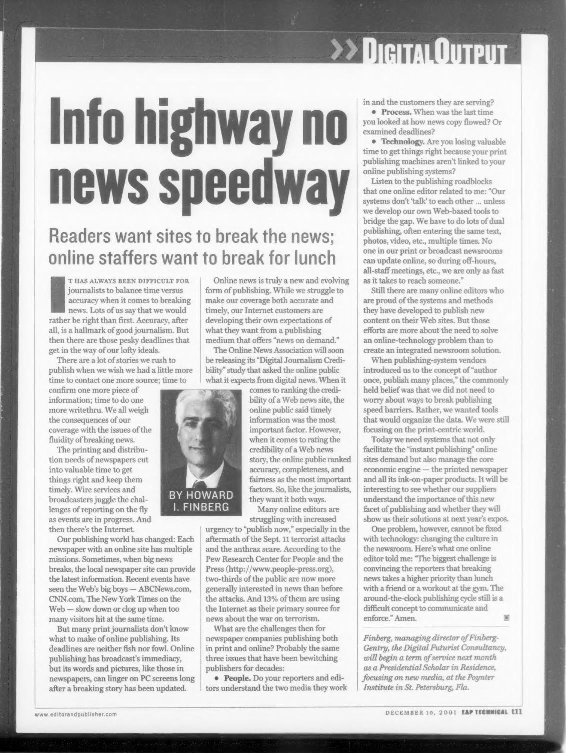 Editor & Publisher column headlined "Info highway no news speedway" from December 10, 2001