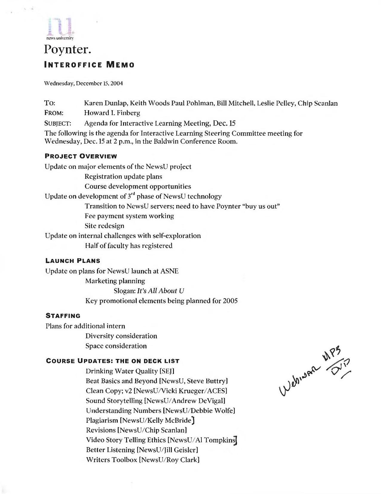 Typed interoffice memo dated December 15, 2004 with the agenda for the Interactive Learning Steering Committee meeting at The Poynter Institute