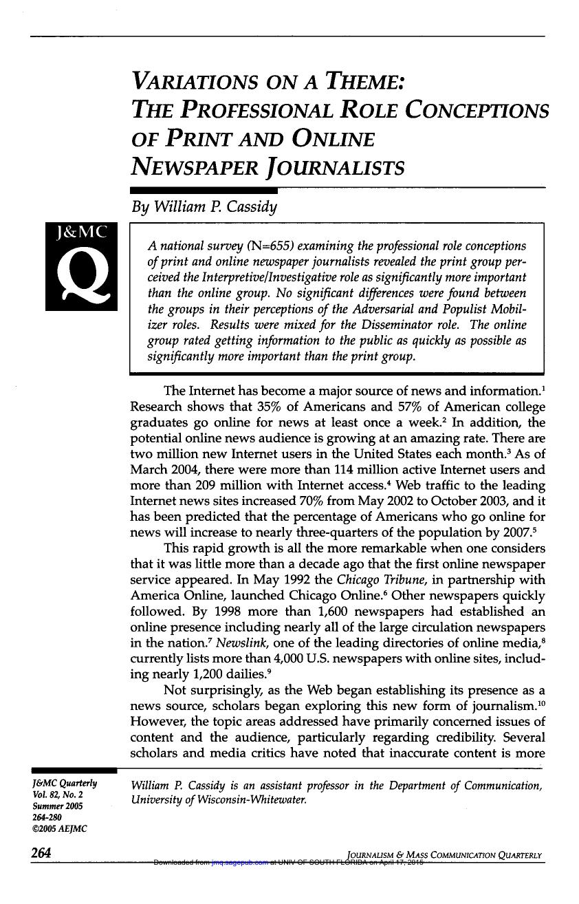 Opening page of William P. Cassidy's 2005 Journalism & Mass Communication Quarterly study on the role conceptions of print and online newspaper journalists