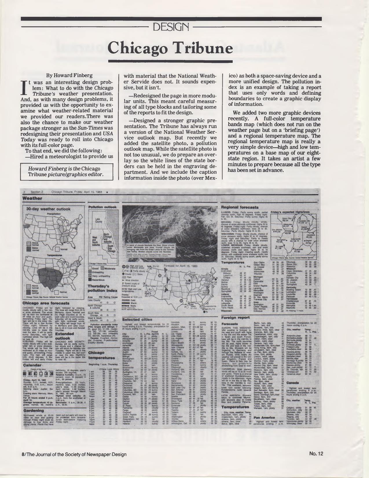 Chicago Tribune weather page from April 15, 1983, reproduced in the Society of Newspaper Design journal with outlook, satellite and temperature maps