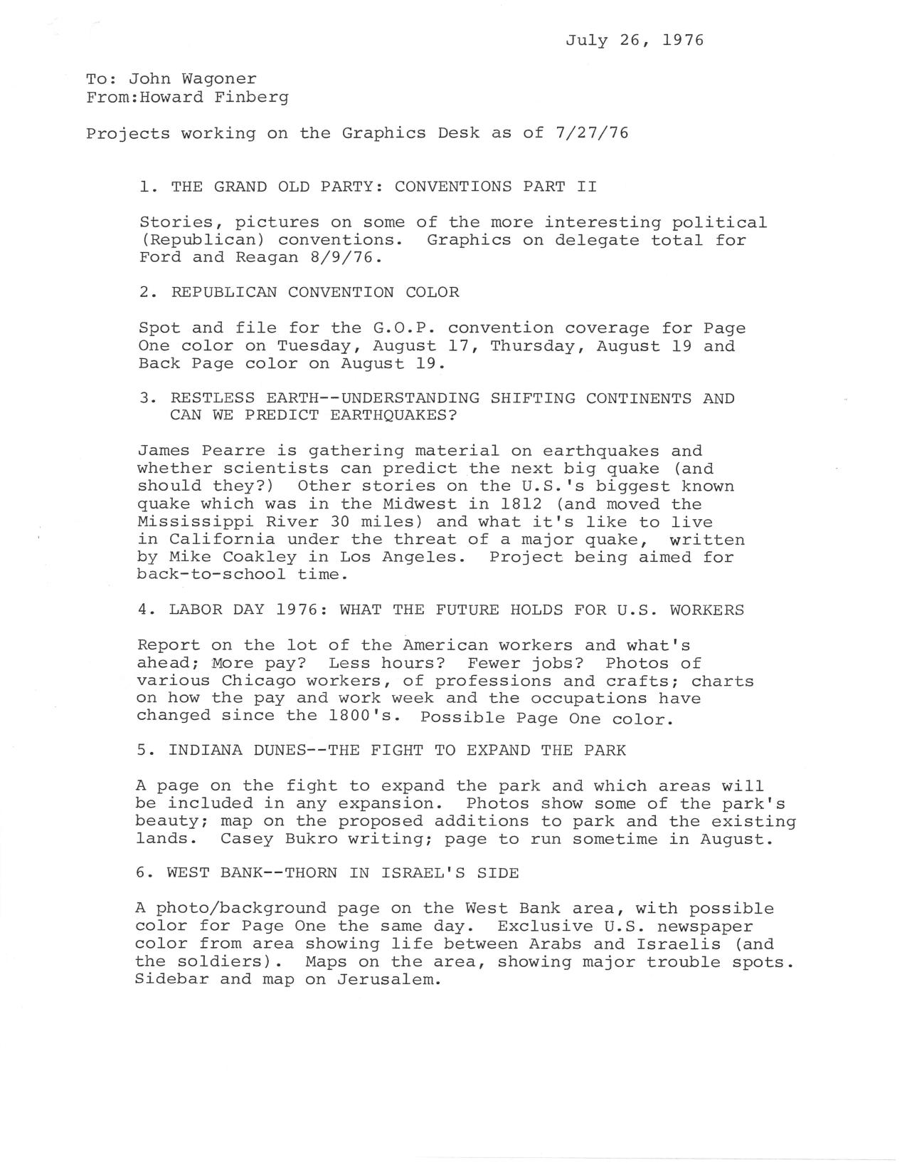 Typed July 1976 memo to Chicago Tribune news editor John Waggoner listing Graphics Desk projects in the works