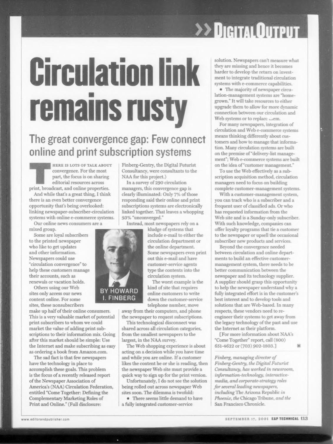 Tearsheet of the September 17, 2001 E&P Technical column headlined "Circulation link remains rusty" about the convergence gap between print and online subscription systems