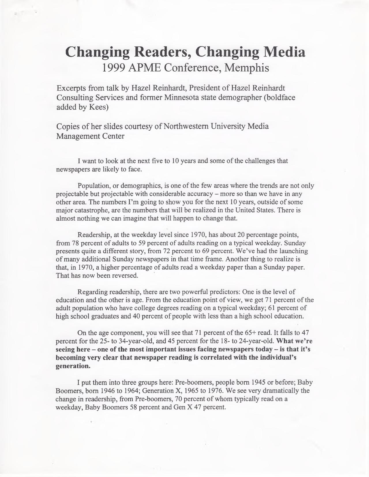 Archival transcript of Hazel Reinhardt's newspaper readership demographics talk at the 1999 APME Conference in Memphis