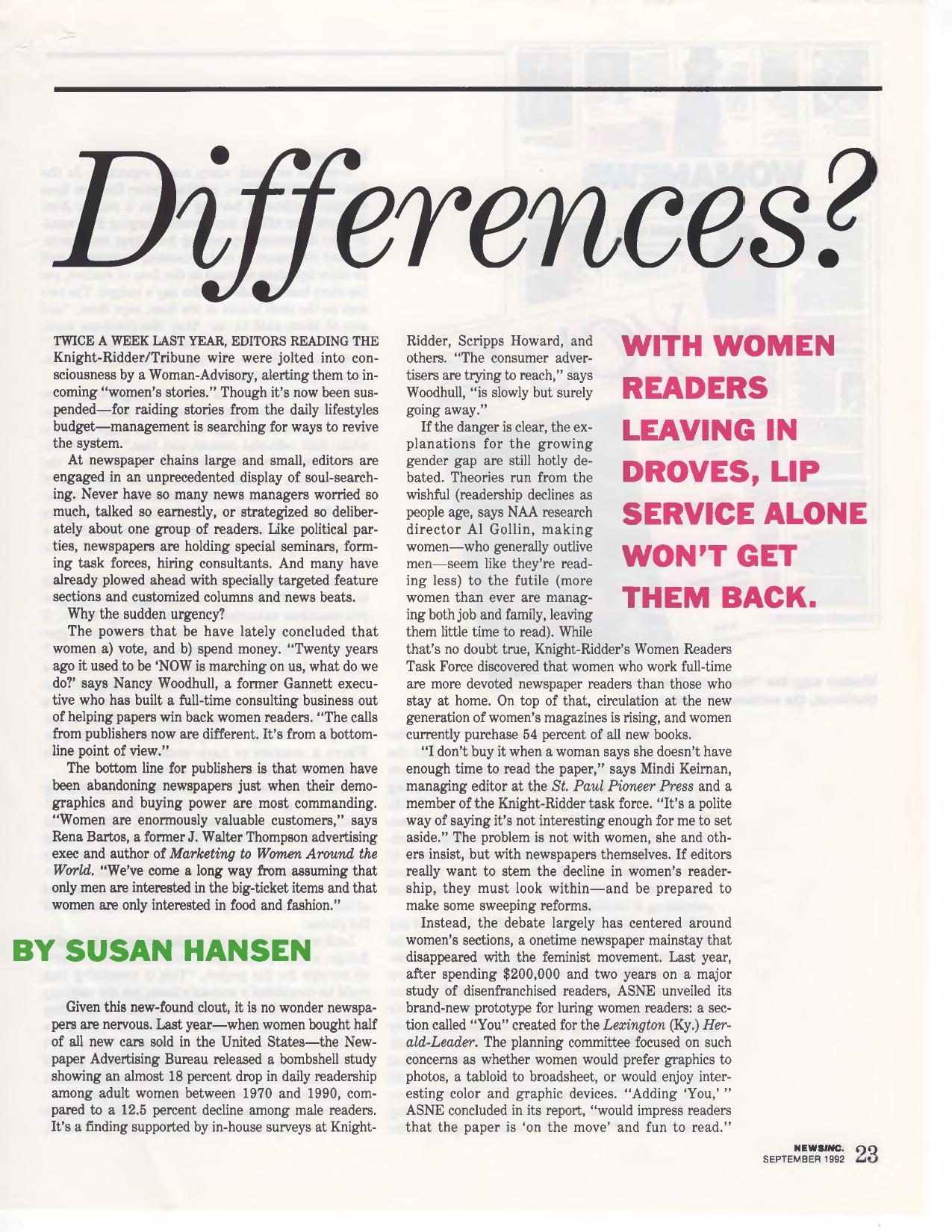 NewsInc. September 1992 article spread headlined "Differences?" examining why women were leaving newspapers