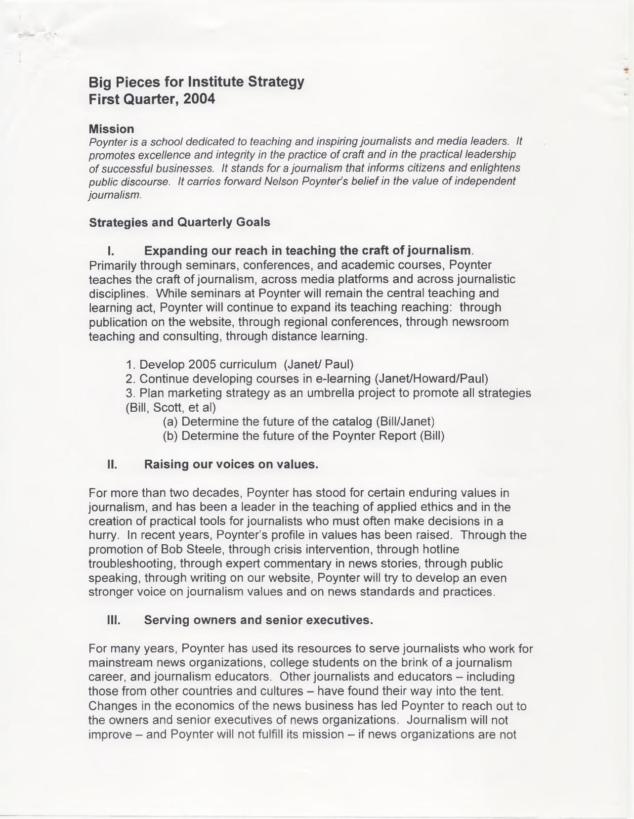 First page of the 2004 Poynter Institute strategy document listing the mission statement and four strategies