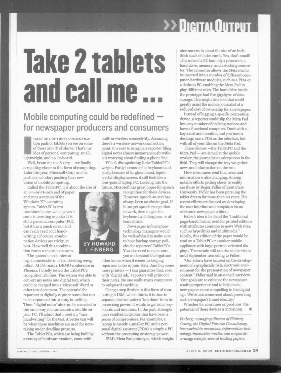 Tablet-style device representing the 2002 promise of mobile computing for newspapers, from an Editor & Publisher column