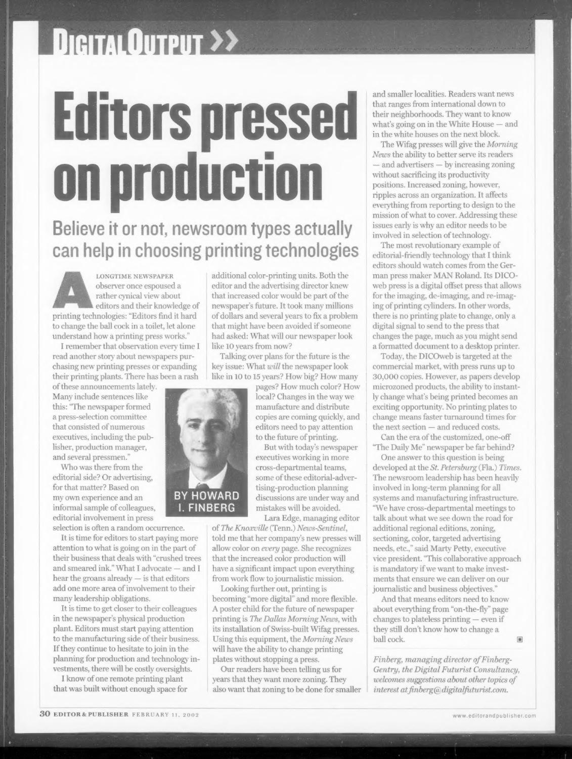 Editor & Publisher "Digital Output" column from February 11, 2002 on editorial involvement in newspaper press selection and printing-plant planning