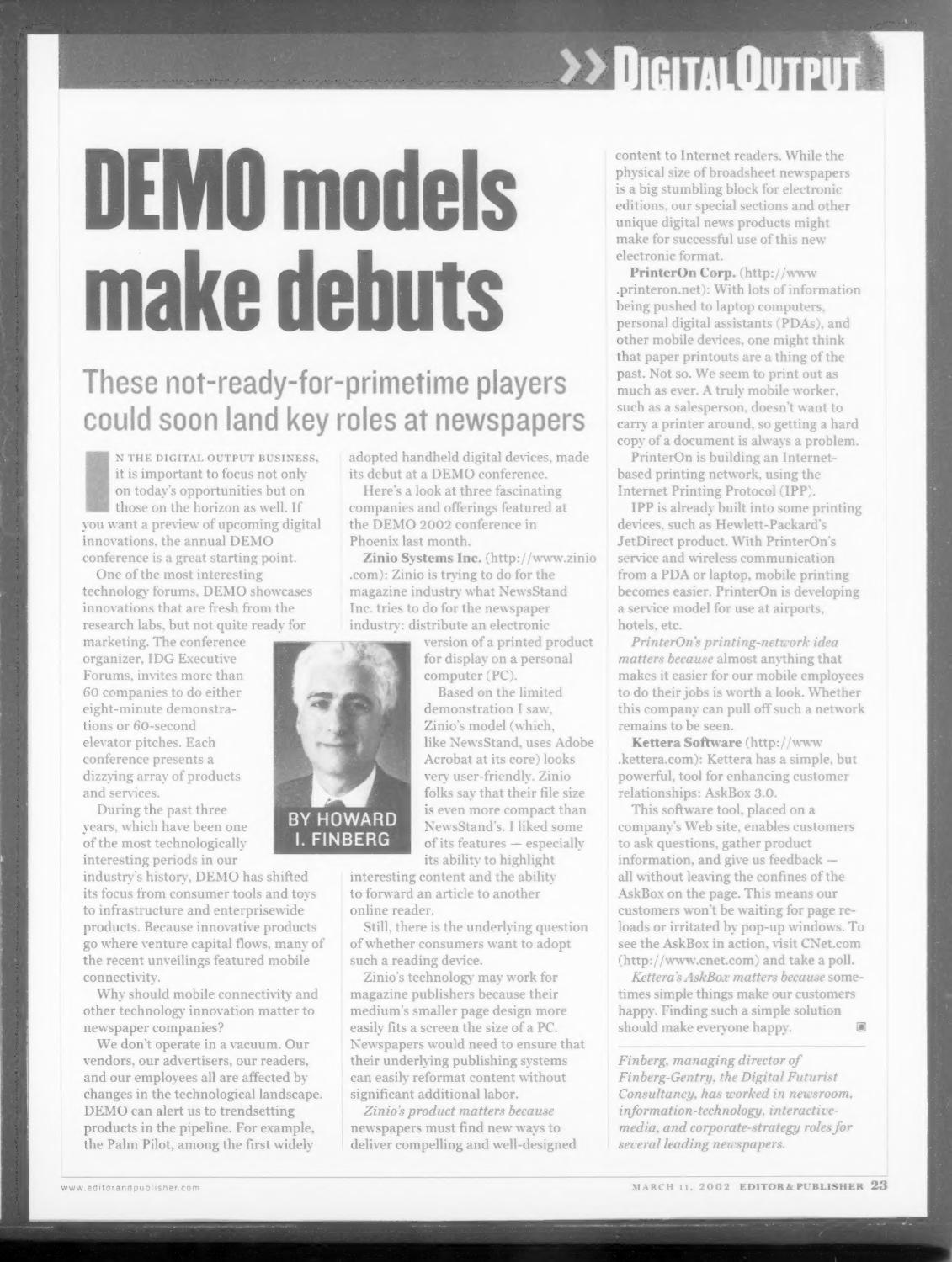 Editor & Publisher "Digital Output" column from March 11, 2002 reviewing products from the DEMO 2002 conference in Phoenix