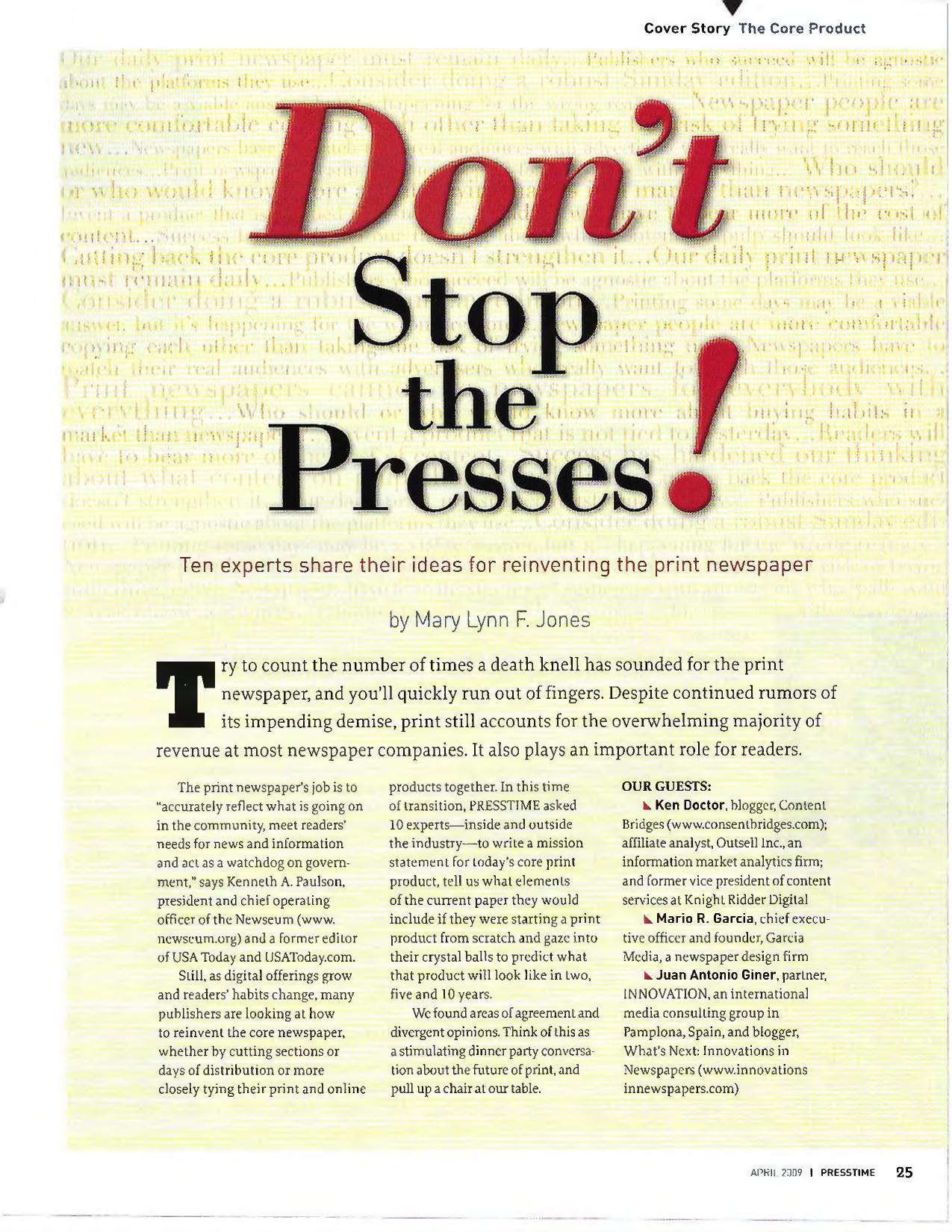 PRESSTIME magazine April 2009 cover story asking 10 experts to reinvent the core print product