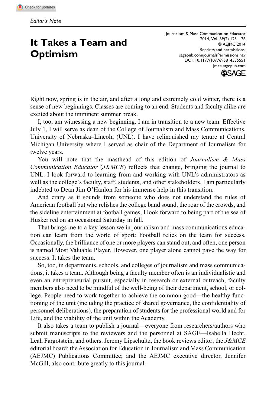 Editor's Note page from Journalism & Mass Communication Educator citing Poynter research on core journalism skills