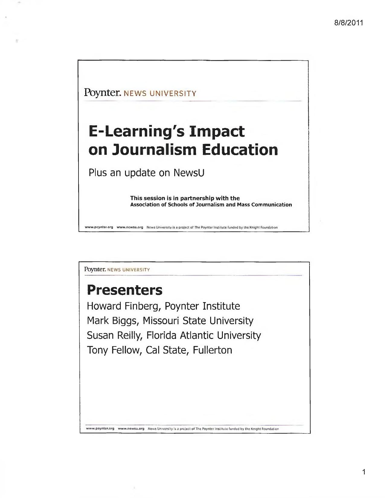Title slide from a 2011 Poynter NewsU presentation on e-learning and journalism education, noting the partnership with the Association of Schools of Journalism and Mass Communication